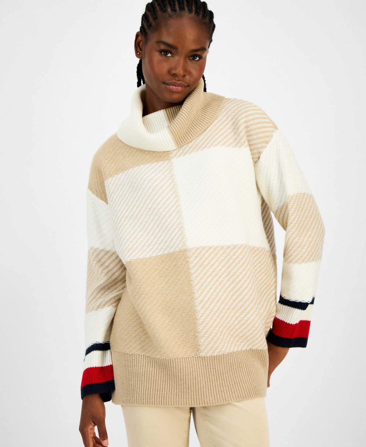 Tommy Hilfiger Women's Plaid Cowlneck Sweater - Light Heather Fawn/ Ivory | Macy's