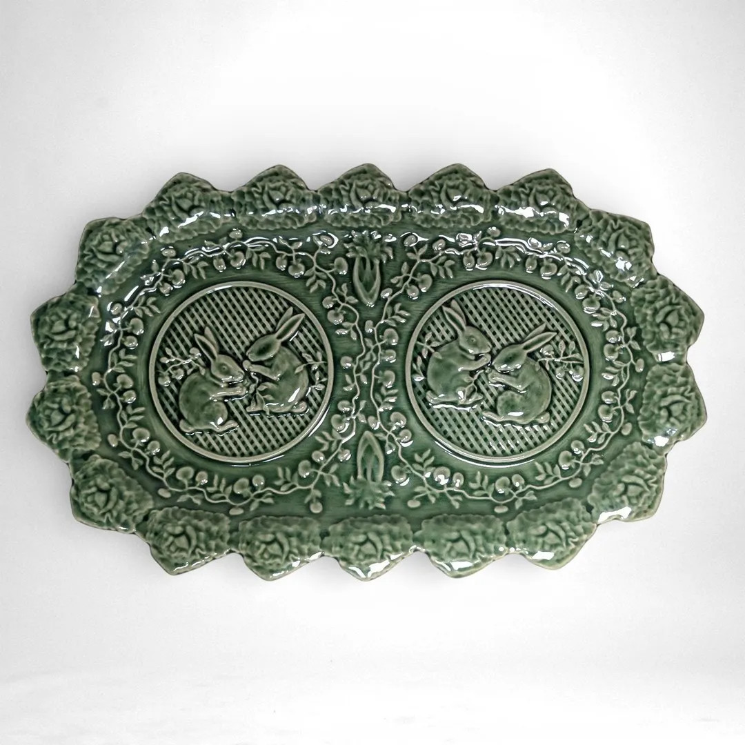 Vintage Portuguese Bordallo Pinheiro Green Majolica Bunny Platter | Etsy (US)