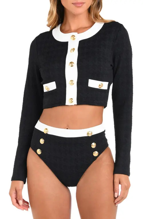 L'AGENCE Adaline Colorblock Crop Rashguard in Black at Nordstrom, Size Medium | Nordstrom