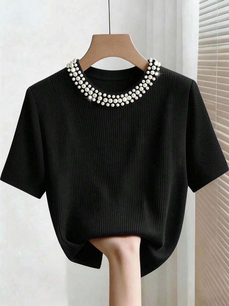 Franclia Elegant Fitted Round Neck Beaded Ribbed Short Sleeve T-Shirt For Women | SHEIN
