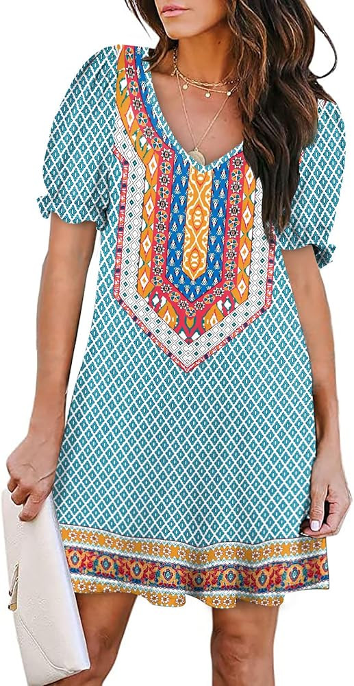 Aloodor Women's Casual Dresses Short Sleeve V-Neck Dress with Pockets | Amazon (US)