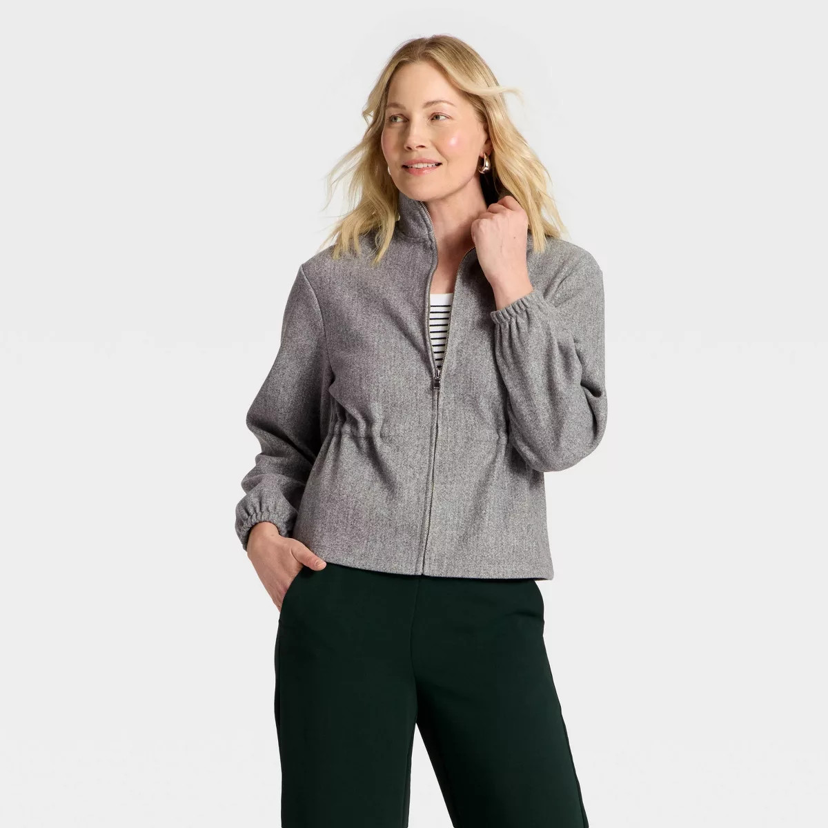 Women's Brushed Cinched Waist Zipped Jacket - A New Day™ Gray M | Target