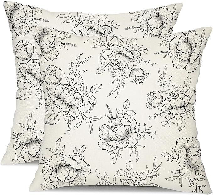 DFXSZ Floral Pillow Covers 18x18 Inch Set of 2 Black line Flower Decorative White Throw Pillows F... | Amazon (US)