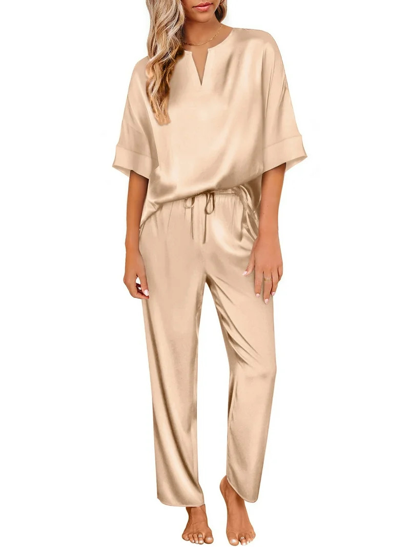 DAKIMOE Womens Silk Satin Pajama Sets Short Sleeve Pjs V Neck Pajamas for Women with Long Pant S ... | Walmart (US)