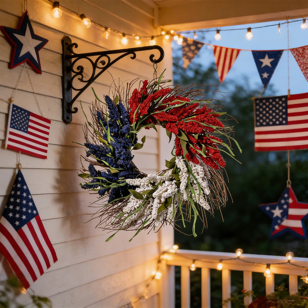 Independence Day Wreath - Patriotic Red White and Blue Sunburst Wheat Door Hanging Decoration, 40... | Wayfair North America
