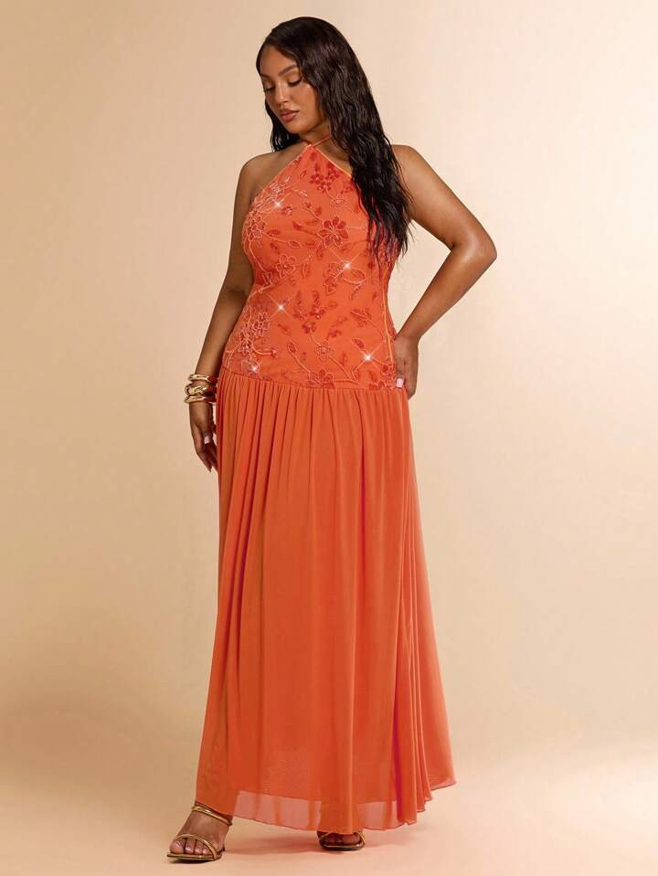 SHEIN BAE Plus Size Fall Women's Clothing Halter Neck Sequins Embroidery Splicing Mesh Loose Hem Sexy High Slit Ladies Maxi Dressn/Fall Dresses For Women/Mini Dress/Orange Dress/Sequin Dress/Fall Wedding Guest Dress Curve/Club Outfits Women Sexy/Teacher Outfits Plus Size/Halloween Plus Size/Halloween Clothes/Airport Outfit For Ladies/Western Women Outfits/Back To School/Birthday Dresses For Women/Plus Size Dresses/Holiday Women Outfits/Rave Outfits/Off Shoulder/Elegant Dress,Fall Dresses For Women | SHEIN