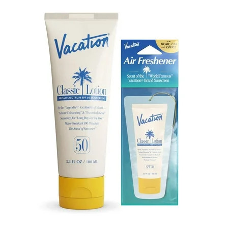 Vacation Classic Sunscreen Lotion SPF 50 + Air Freshener Bundle Water Resistant Broad Spectrum Sunscreen Sun Block Vegan Sun Tanning Lotion Body Lotion with SPF SPF 30 Sunscreen 3.4 Fl. Oz. | Walmart (US)