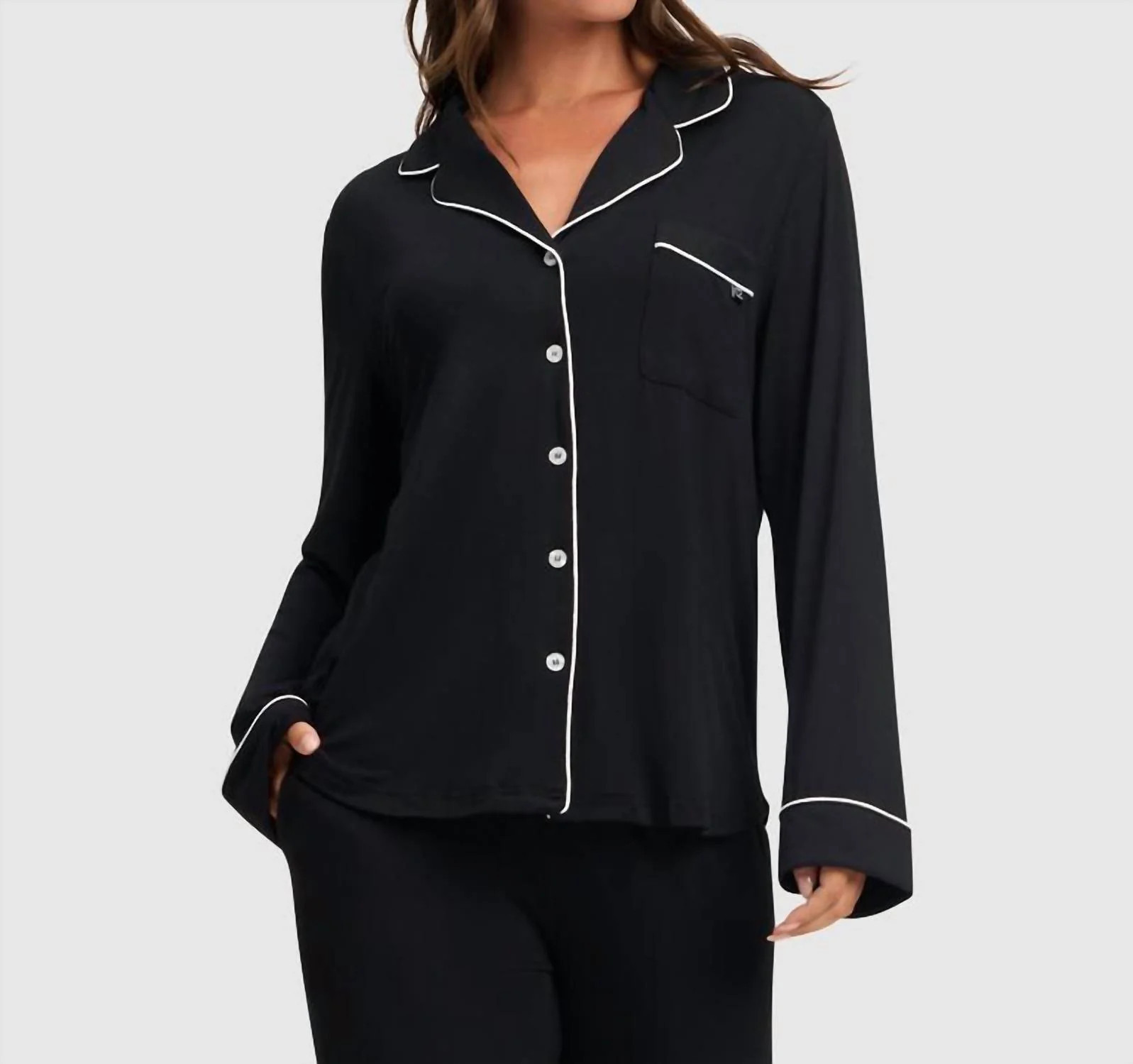 Long Sleeve Bamboo Stretch-Knit Pajama Top In Black | Shop Simon