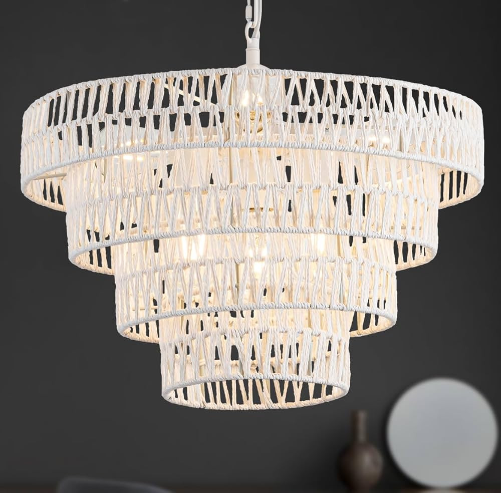 6 Lights Boho Chandelier, 20" Large Rattan Pendant Lights, Height Adjustable Hand Woven Rustic Fa... | Amazon (US)