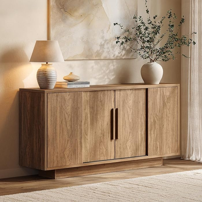 63'' Sideboard Buffet Cabinet with 4 Sliding Doors, Wood Credenza Storage Cabinet with Pedestal B... | Amazon (US)