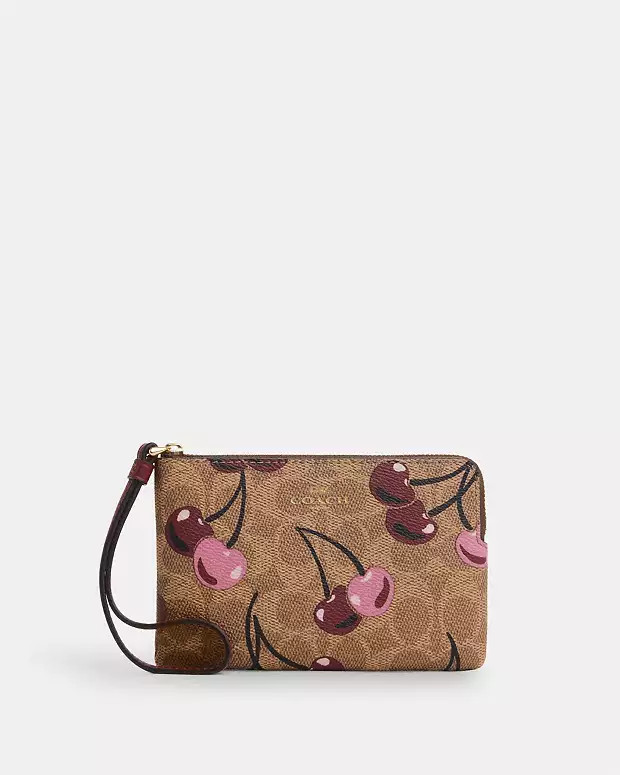 Corner Zip Wristlet In Signature Canvas With Cherry Print | Coach Outlet US
