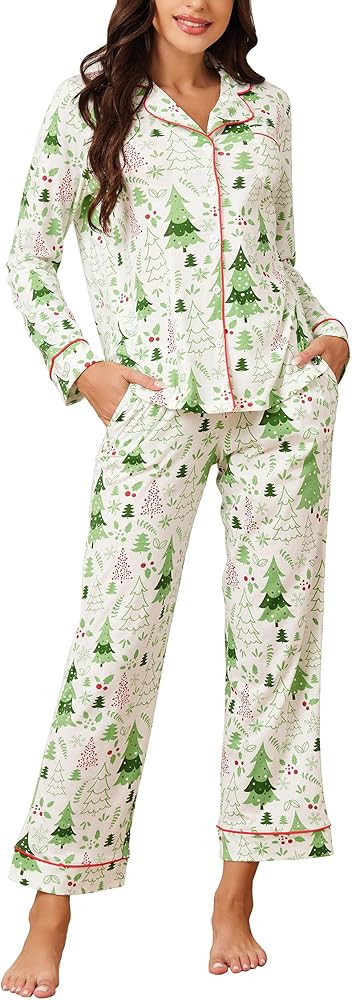 LUBOT Christmas Pajamas 100% Cotton Womens Pajamas Set 2 Piece Soft Button-Down Xmas PJs Set Slee... | Amazon (US)