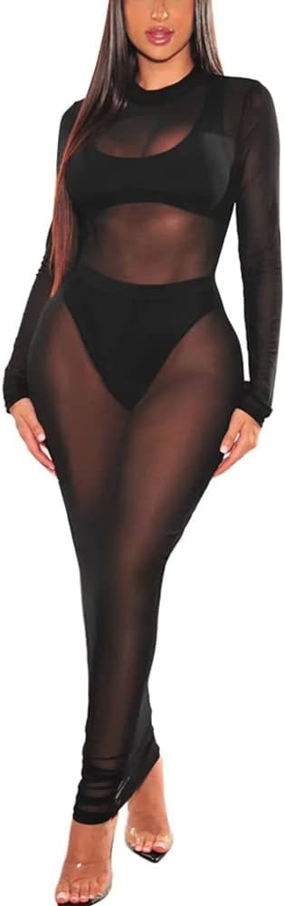 Azhong Women’s Sexy See Through Long Sleeve Mock Neck Sheer Mesh Bodycon Cocktail Club Party Co... | Amazon (US)