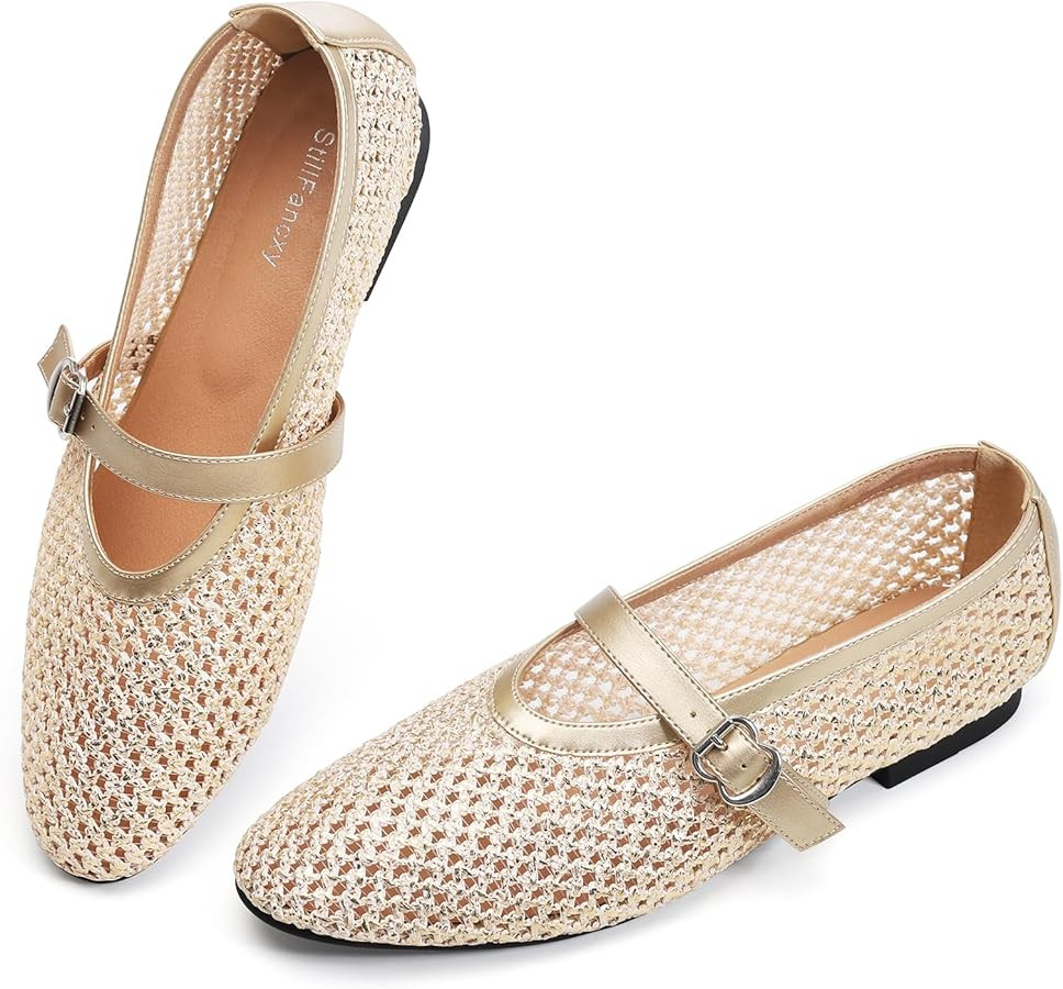 Mesh Ballet Flats for Women Adjustable Strap Mary Jane Flats Casual Office Shoes | Amazon (US)