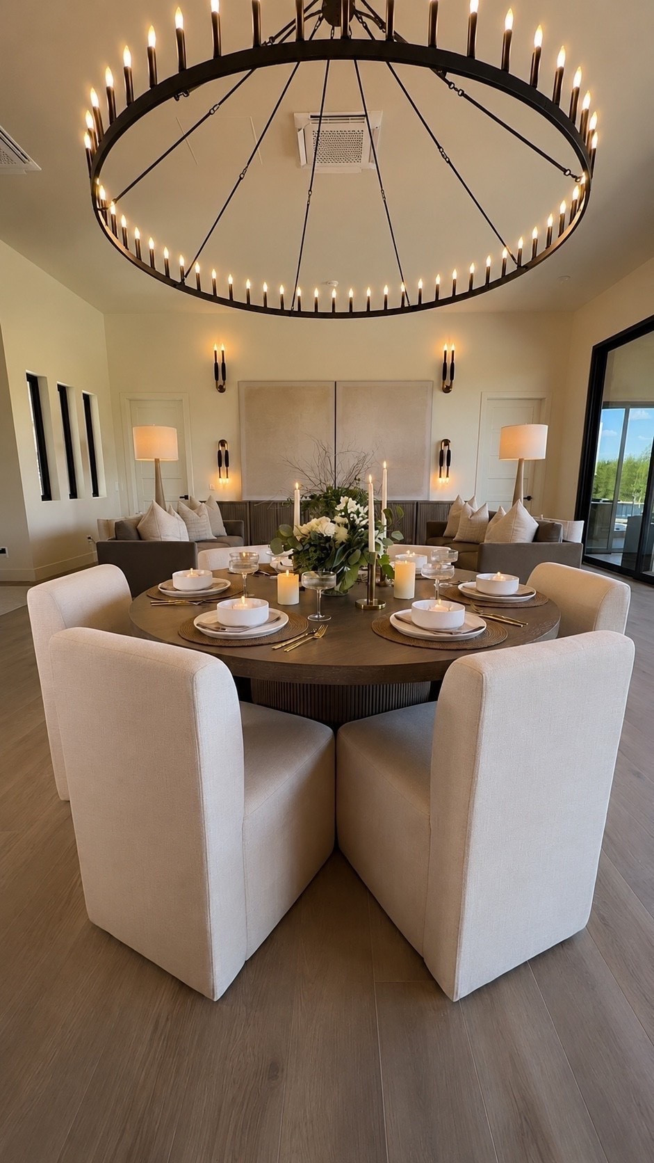 I’m loving this table setting lately. It’s elegant without too much effort, and the secret is choosing the right pieces… neutral colors, gold accents, and timeless florals. And the pedestal table paired with winged dining chairs adds just the right amount of drama 

Summerthompsonstyles

---

modern tablescape pedestal table winged dining chairs neutral decor gold accents timeless florals elegant dining room interior inspiration