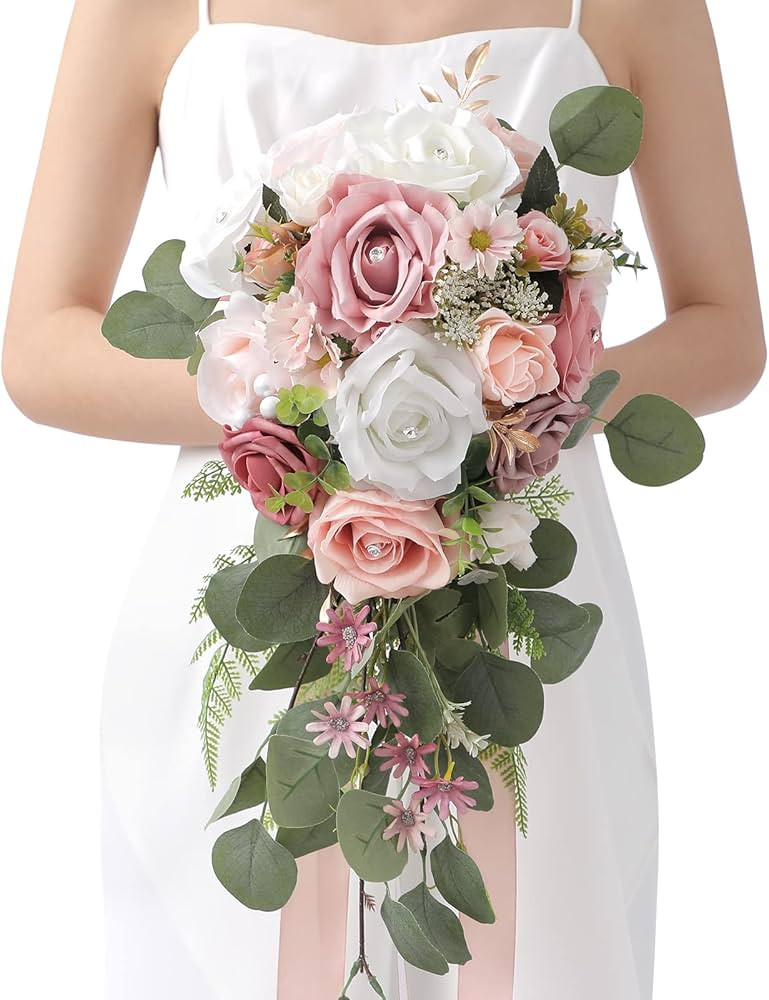 Serwalin 9.8in Wedding Bouquets for Bride, Pink White Bride Bouquets Artificial Roses Flowers for... | Amazon (US)