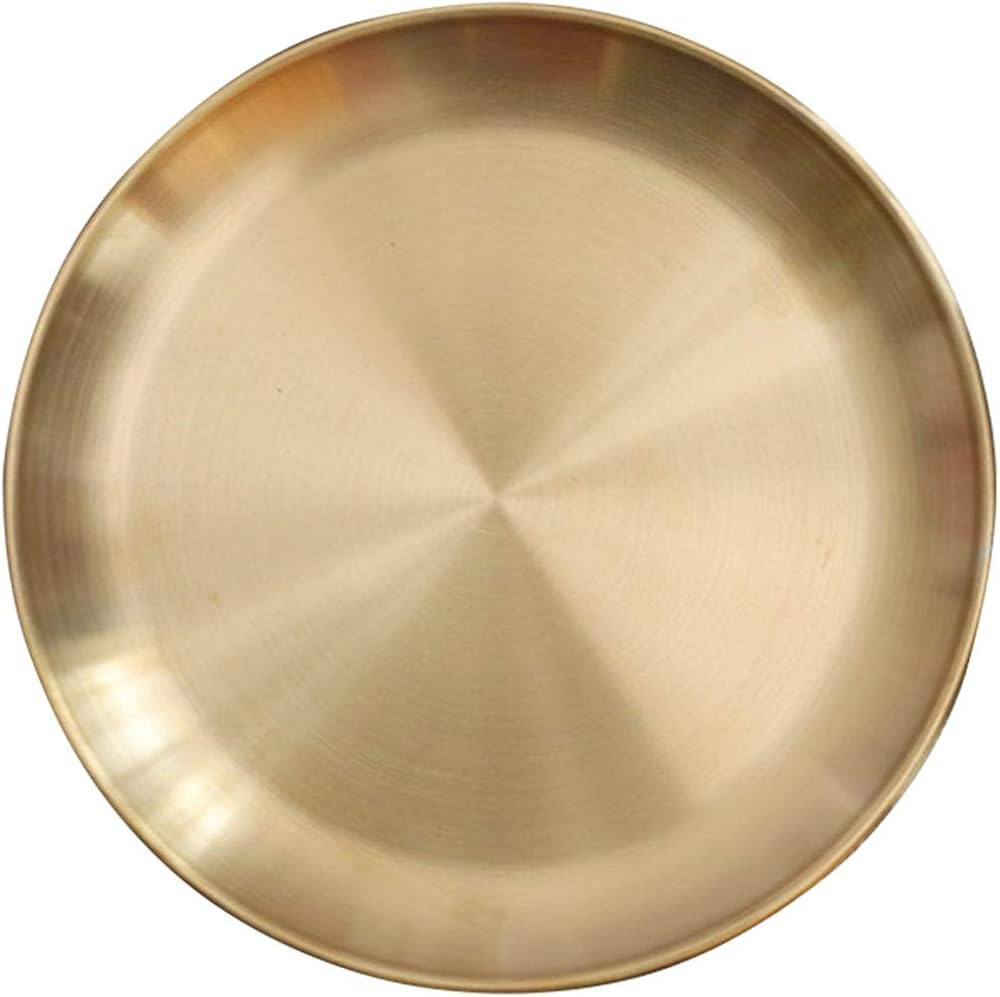 Round Brass Tray,Retro Plate Table Decor Easy Clean Stainless Steel Jewelry Organizer Round Tray ... | Amazon (US)