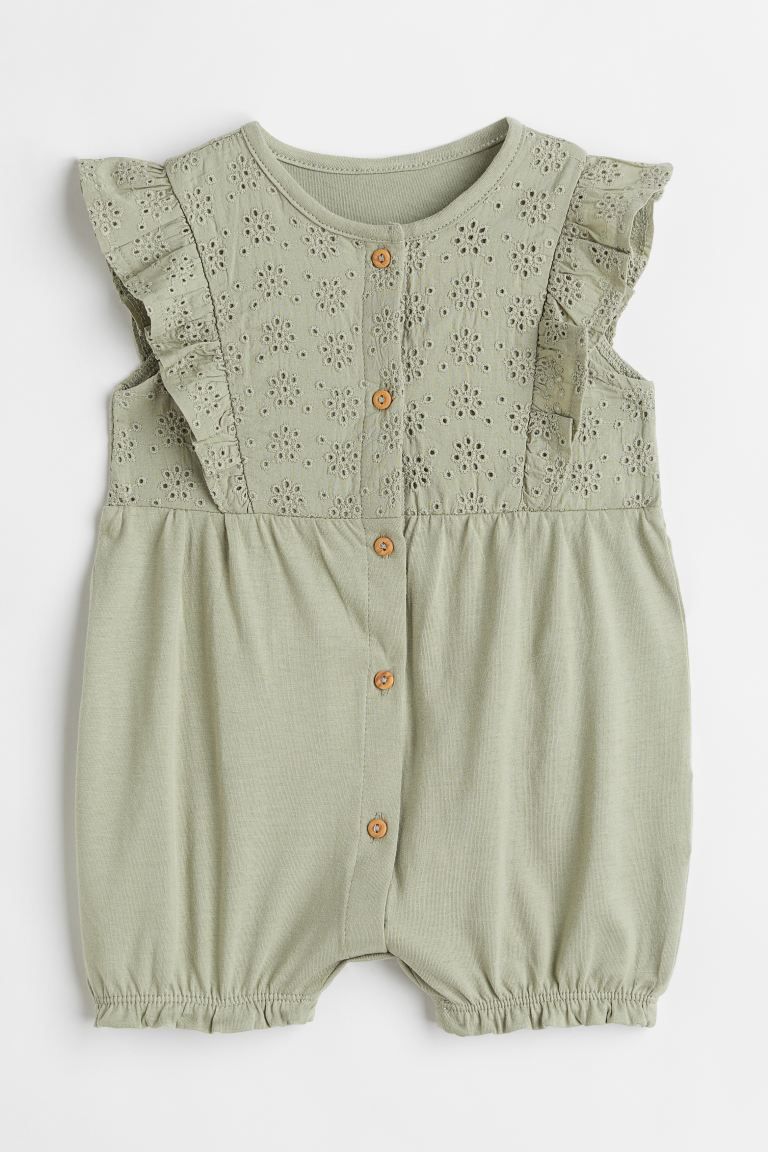 Sleeveless romper suit in cotton jersey with eyelet embroidered bodice in woven cotton fabric. Fl... | H&M (US)