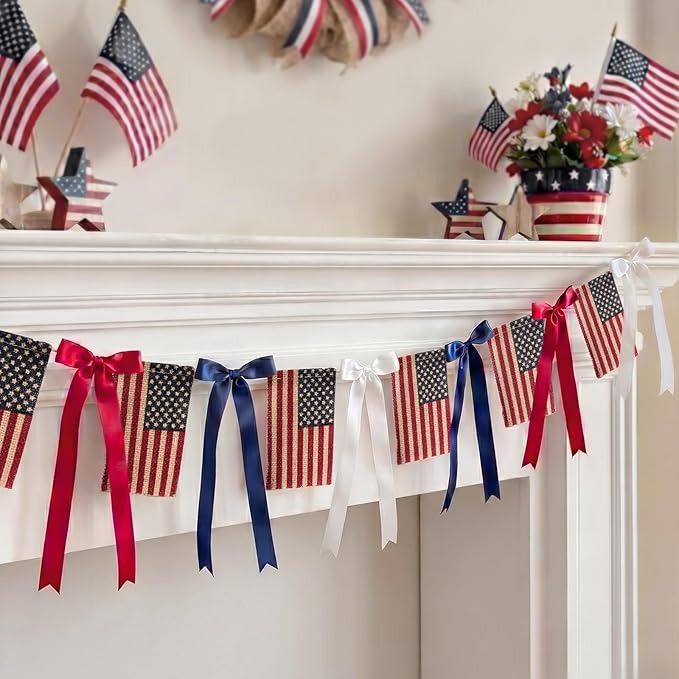 Patriotic Garland 4th of July Decorations, 6.5 ft Vintage Americana Flag Bow Banner, Rustic Handm... | Amazon (US)