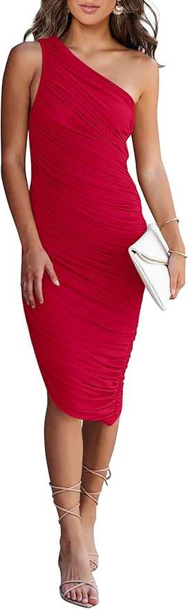 PRETTYGARDEN Women's Ruched Bodycon Dress 2023 Summer One Shoulder Sleeveless Party Cocktail Penc... | Amazon (US)