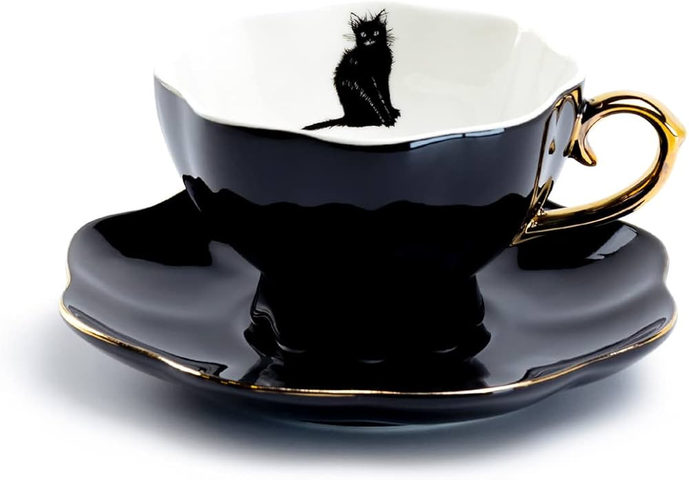 Black Cat Fine Porcelain Tea Cup and Saucer with Hand Painted Gold Trim Halloween, Black White an... | Amazon (US)