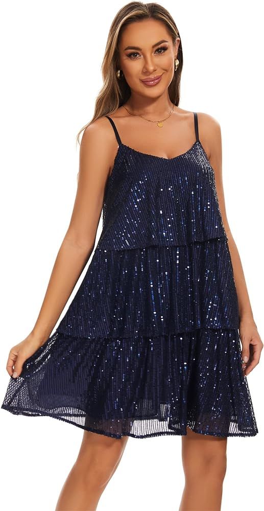 Women's Glitter Sequin Dress Adjustable Spaghetti Strap V Neck Fashion Sparkle Layered Evening Pa... | Amazon (US)