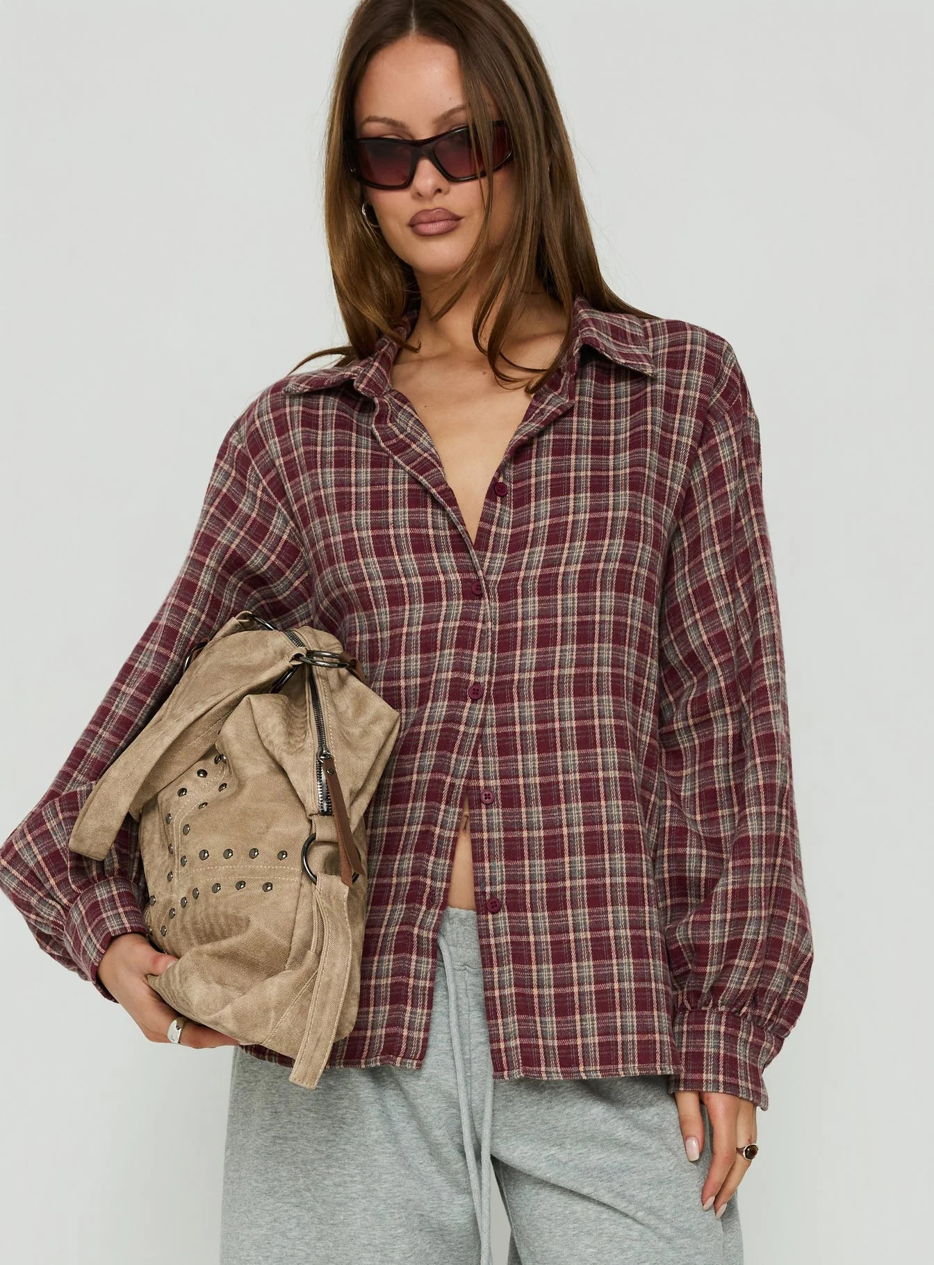 Caydence Long Sleeve Button Down Flannel Top Burgundy Check | Shop.app