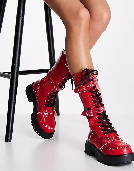 ASOS DESIGN Cyber chunky studded lace up boots in red croc | ASOS (Global)