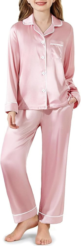 Arshiner Girls Pajamas Silk Satin Pajama Set Long Sleeve Pjs Button Down Sleepwear | Amazon (US)