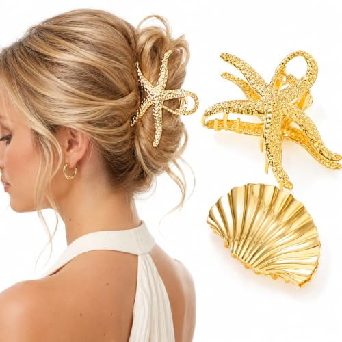 2Pcs Seashell Starfish Hair Claw Clips, Gold Metal Beach Hair Clips, Fashion Hair Accessories for Women Girls | Amazon (US)