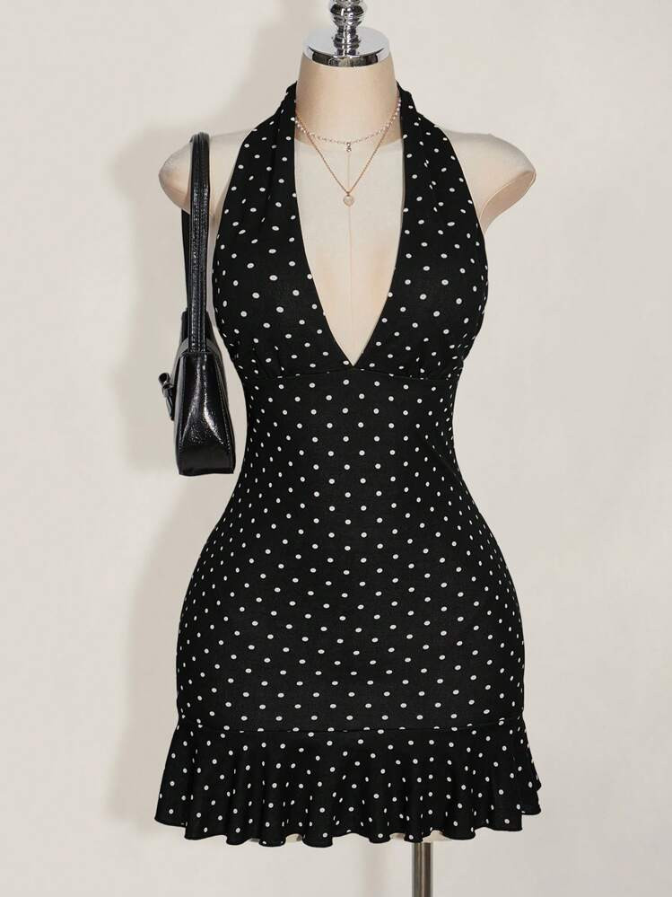SHEIN ICON Plus Size Deep V-Neck Black & White Polka Dot Casual Vacation Vintage Mini Dress, Summer Dress For Women, Summer Vacation, Back To School Clothes,Summer Dresses For Women,Wedding Guest Dress Women | SHEIN