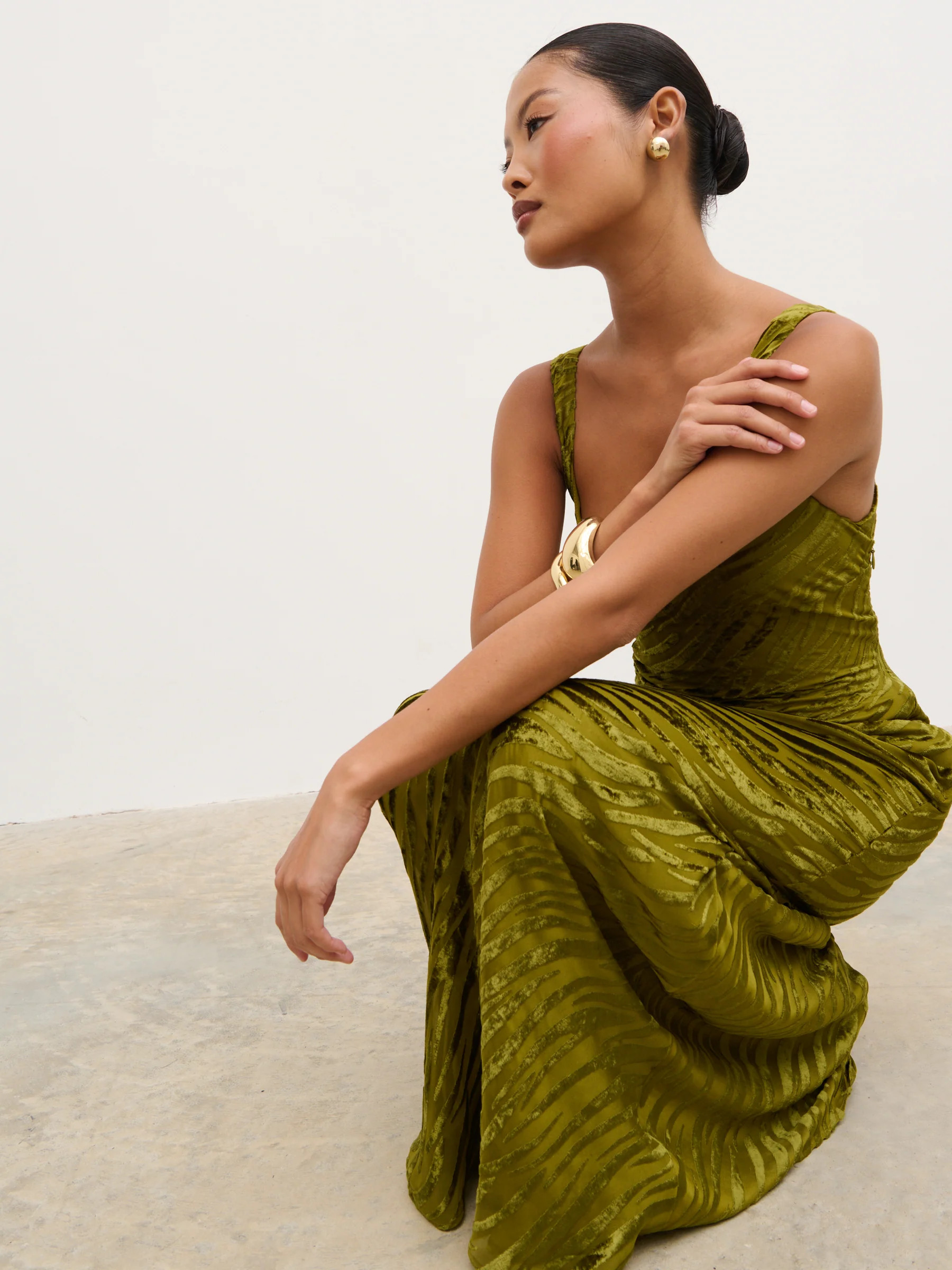 Kendall Scoop Devore Maxi Dress - Tarragon | Pretty Lavish (UK)