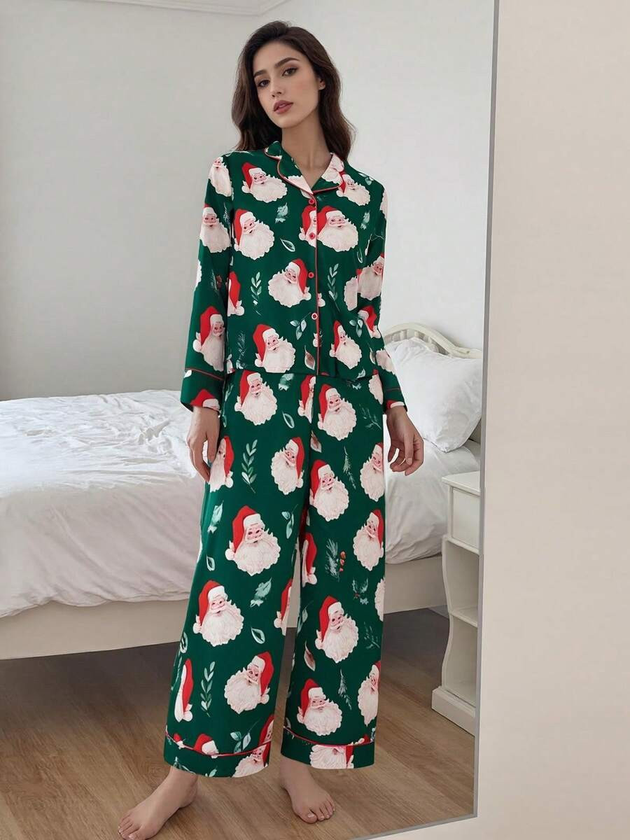 Women's Satin Christmas Pajama Set, Cute Santa Claus Print Long Sleeve Button Down Tops Elastic W... | SHEIN