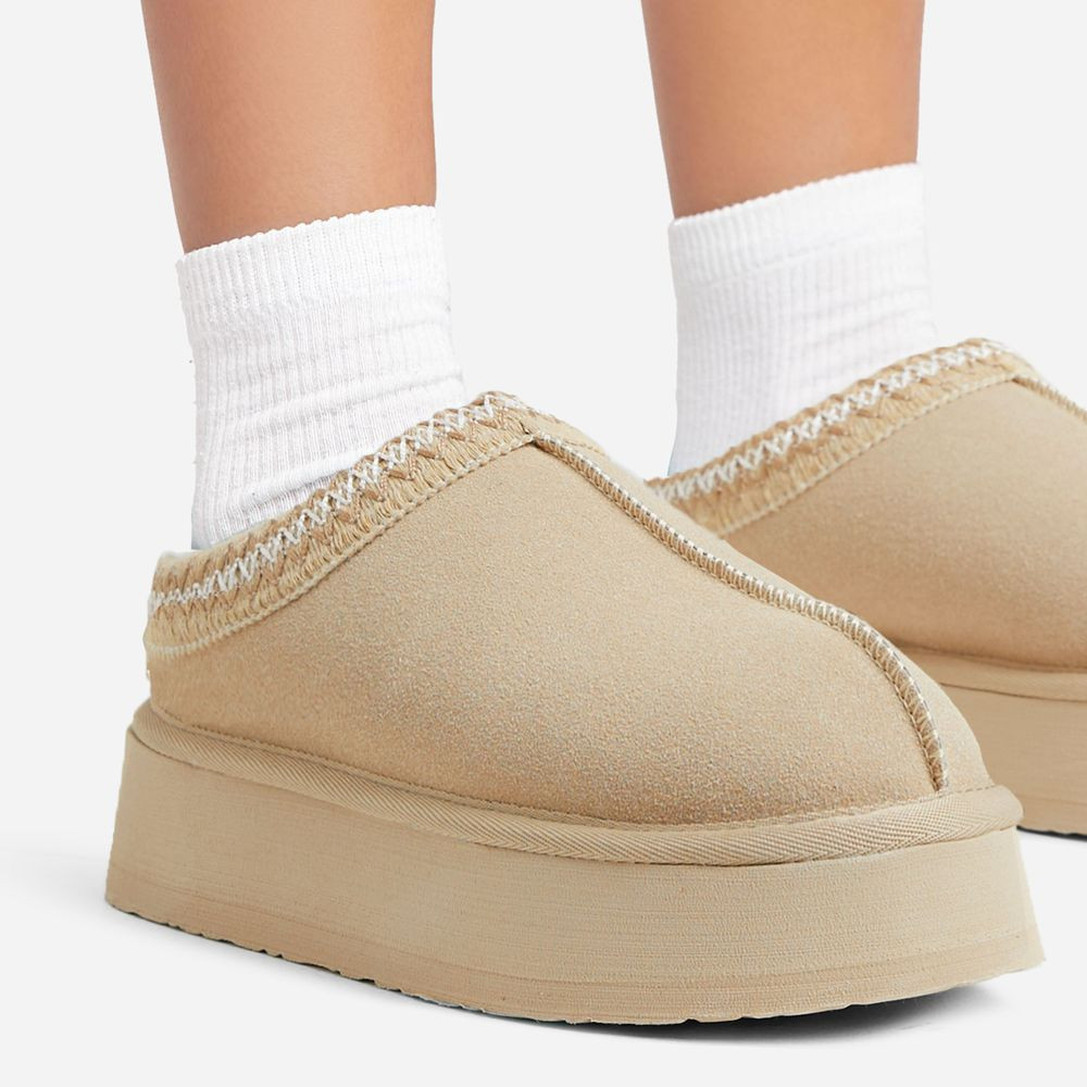 Tazmin Aztec Detail Faux Fur Lining Platform Slipper In Sand Faux Suede | EGO (UK)