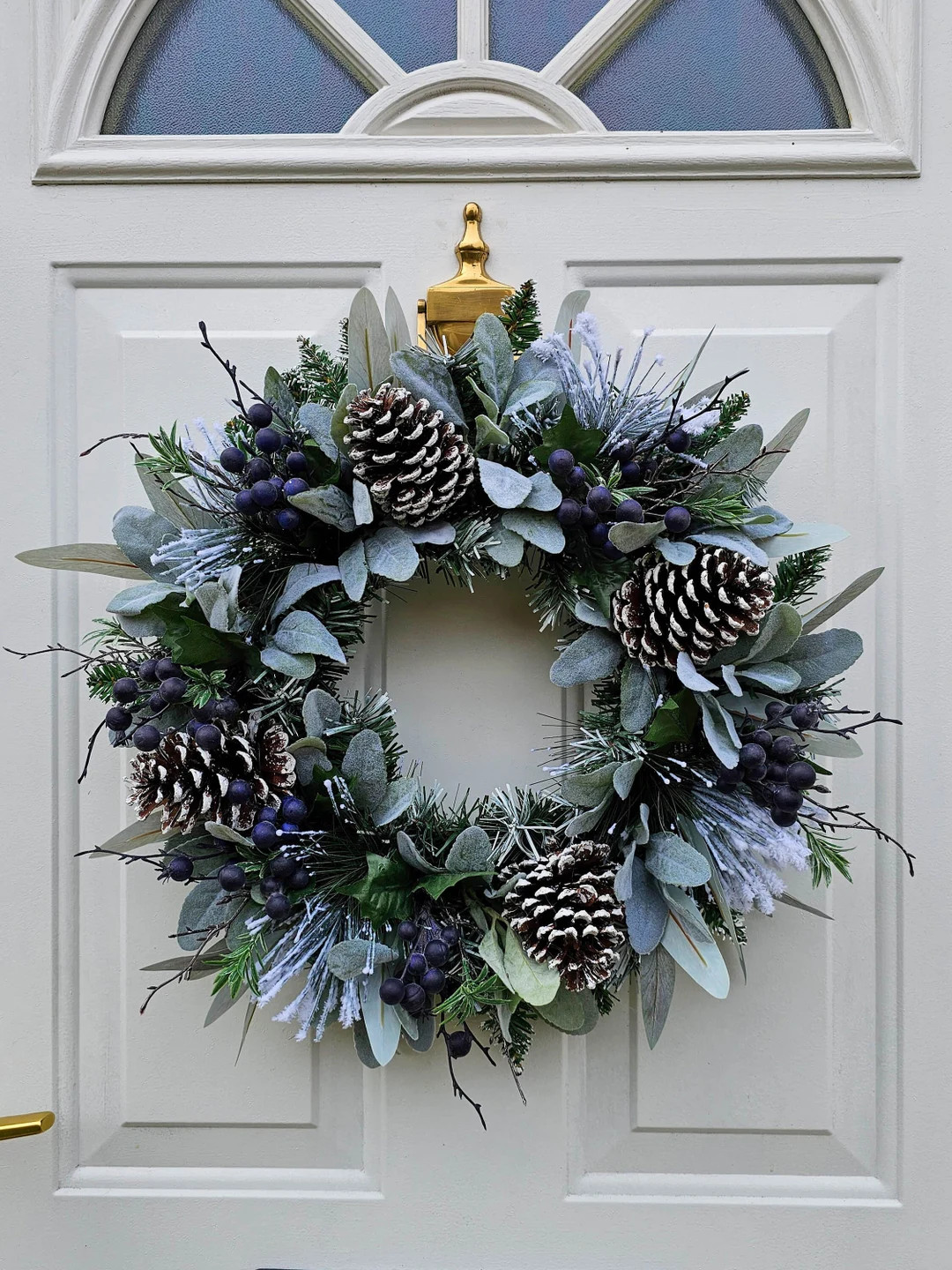 Snowy Christmas Wreath For Front Door with Artificial Blueberries, Winter Foliage & Natural Pinec... | Etsy (US)