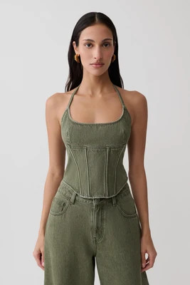 Stephanie Corset Denim Top / Washed Khaki | MESHKI | XS | MESHKI US