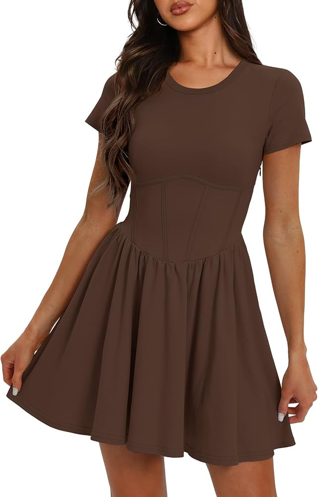 Darong Women Summer Crew Neck Short Sleeve A Line Dresses Drop Waist Pleated Swing T Shirt Short ... | Amazon (US)