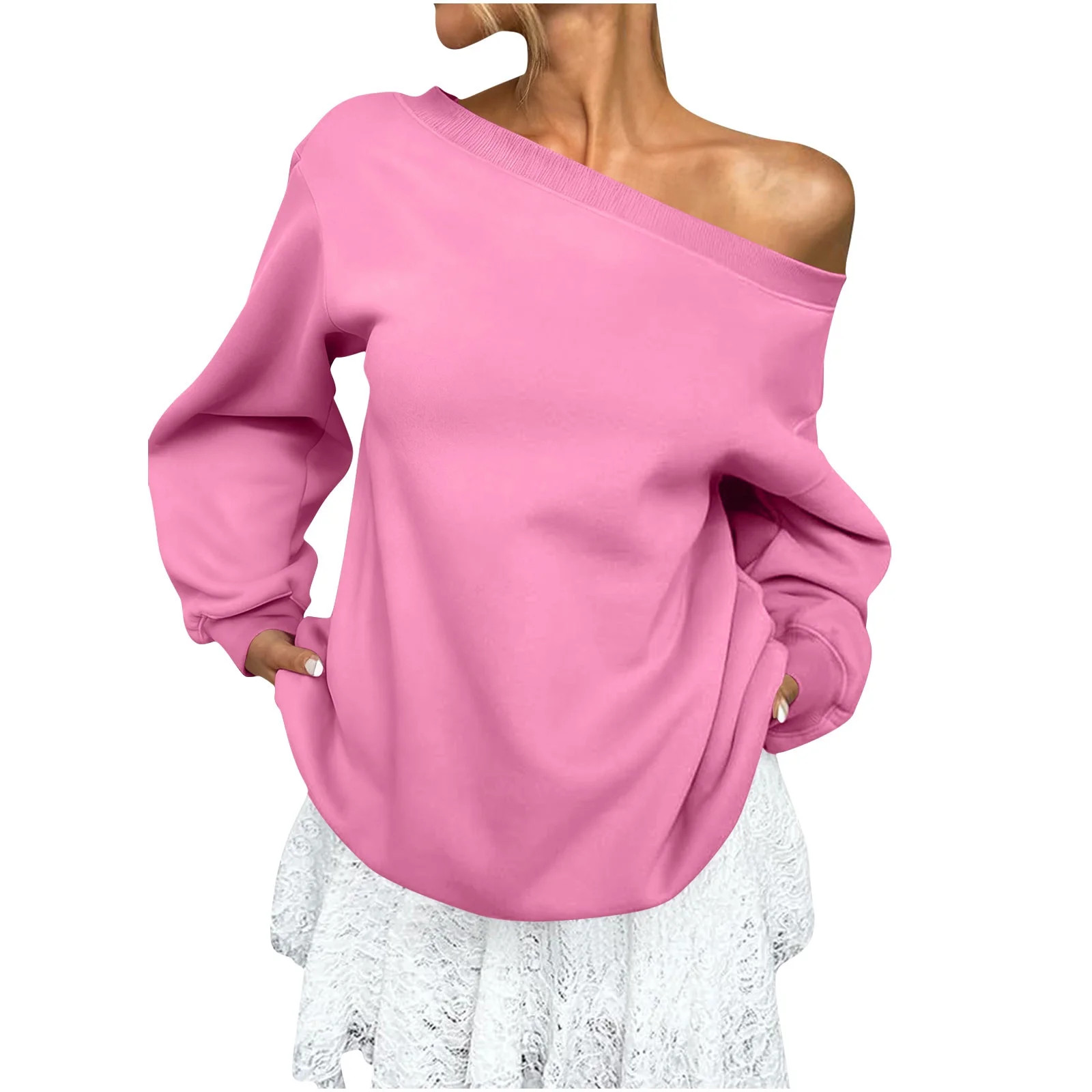 Womens Off Shoulder Sweatshirts Oversized Fit Long Sleeve Cotton Fleece Lined Pullover Solid Casu... | Walmart (US)