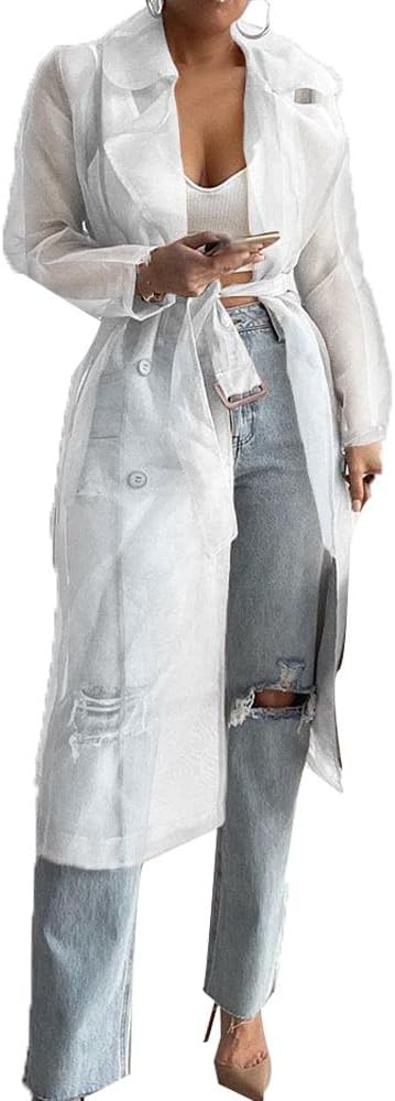 SOMTHRON Women's Sheer Mesh Long Sleeve Jacket Summer See Through Belted Button Down Lightweight ... | Amazon (US)