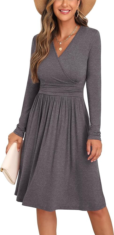 GRECERELLE Spring Summer Dress for Women Casual Ruffle Short/Long Sleeve Wrap V-Neck Dress with P... | Amazon (US)