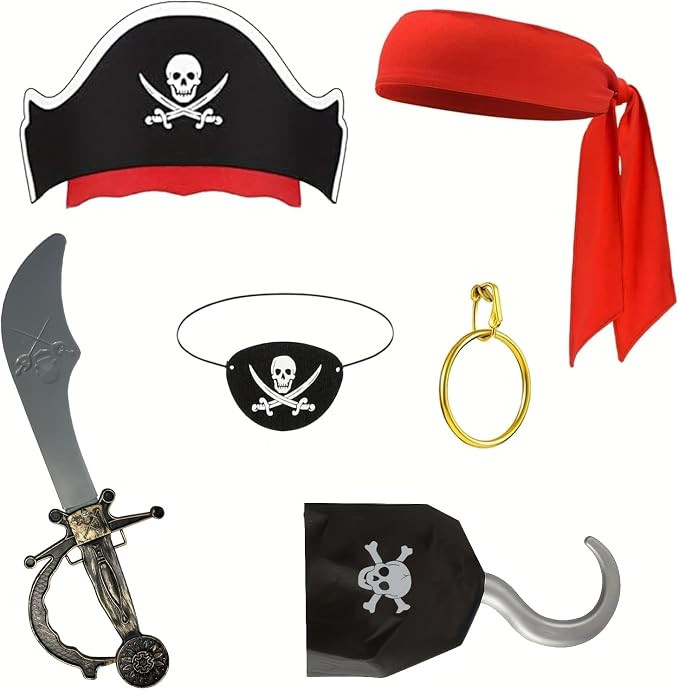 6 Pcs Pirate Accessories Kit for Men with Hat, Bandana & Pirate Eye Patch Captain Hook for Adult ... | Amazon (US)