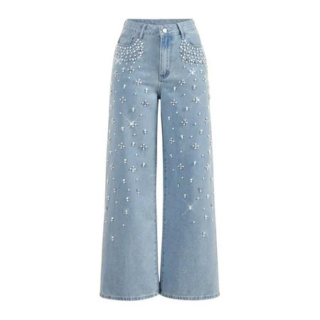 Women's Diamond Rhinestone Jeans High Waist Straight Wide Leg Stretchy Bling Denim Pants | Walmart (US)