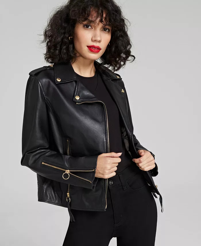 Women's Leather Zip-Cuff Moto Jacket | Macy's