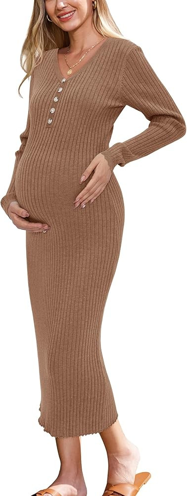 OUGES Women's Wool Blend 2024 Fall Maternity Sweater Dress V Neck Long Sleeve Slim Fit Ribbed Kni... | Amazon (US)
