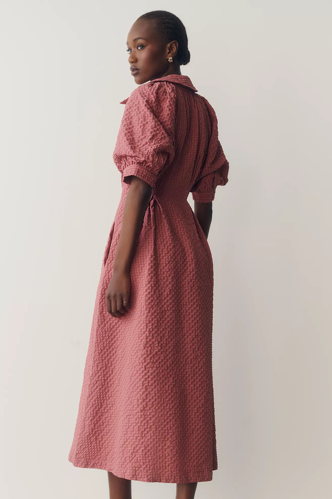 English Factory Puff-Sleeve Textured Midi Shirtdress | Anthropologie (US)