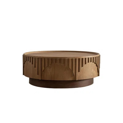Coffee Table Round Wood Modern Solid Wood Veneer Handcrafted Relief Tea Table with Sturdy Pedestal for Apartment,Living Room | Wayfair North America