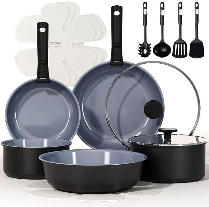 CAROTE 17PCS Ceramic Cookware Sets, Black and Gray, Pots and Pans Set Non Stick Non Toxic, Induct... | Amazon (US)