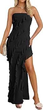 ZESICA Women's 2024 Strapless Bodycon Dress Sexy Off Shoulder Mesh Tassel Ruffle Side Split Tube ... | Amazon (US)