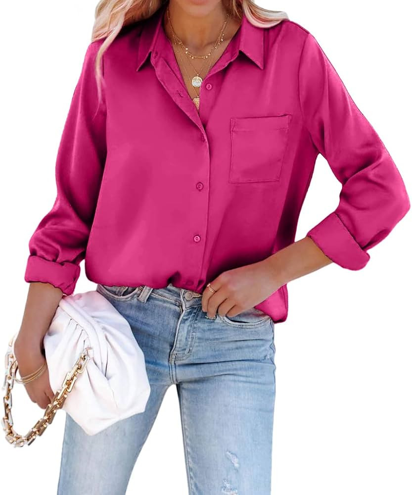 Pausus Womens Silk Button Down Shirts Long Sleeve Office Slim Fit Blouses Casual Business Satin T... | Amazon (US)