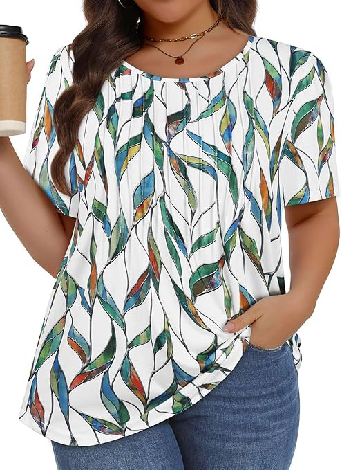 Plus Size Tops for Women Pleated Summer Top Trendy Short Sleeve Shirts Casual Basic Tee Crew Neck... | Amazon (US)